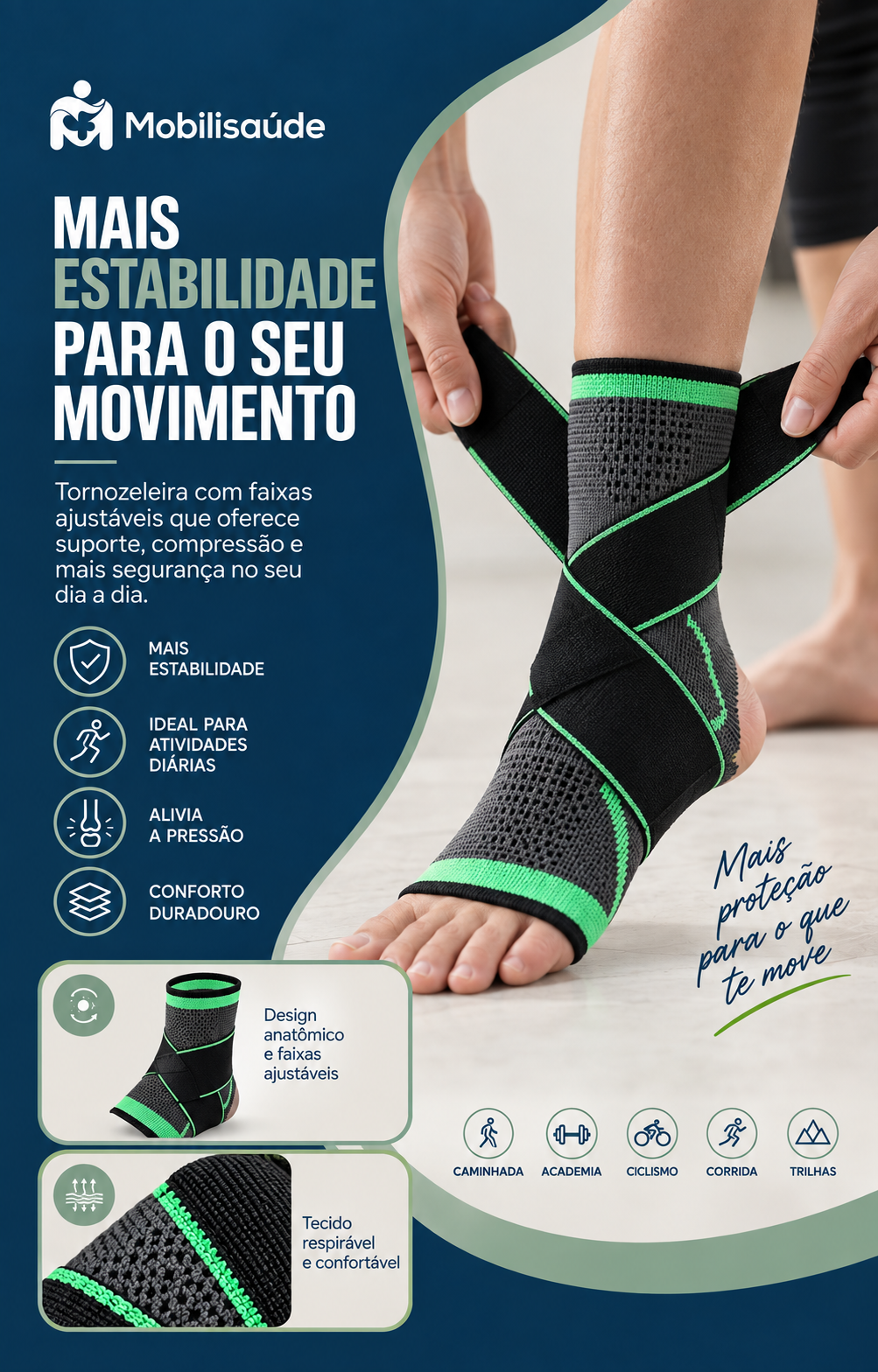 Pessoa ajustando a tornozeleira com faixas cruzadas