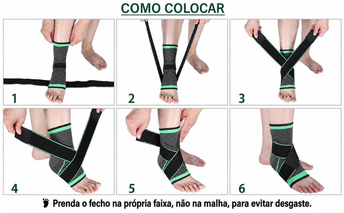 Instruções em português para colocar a tornozeleira com faixas cruzadas
