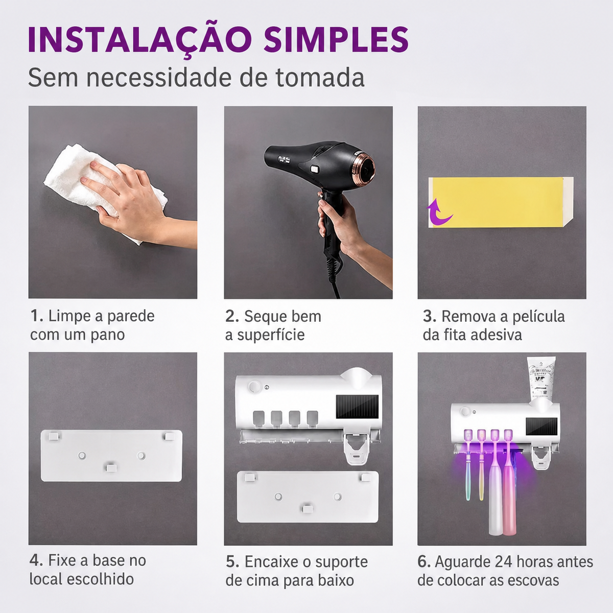 Etapas de instalação adesiva do suporte de escovas